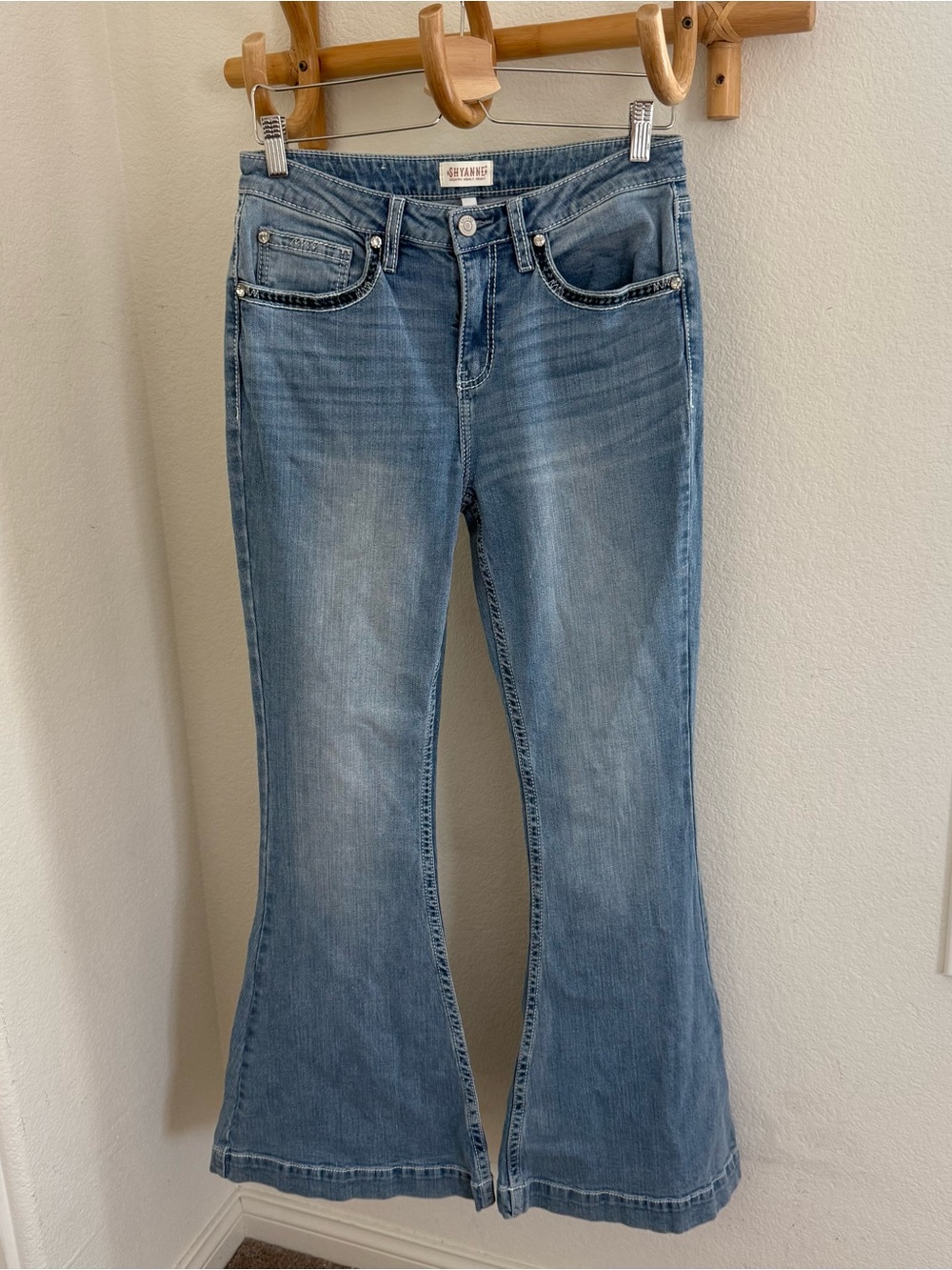 Shyanne high Rise Flare blue Jeans Thick Stitch western boho Festival size 31x32